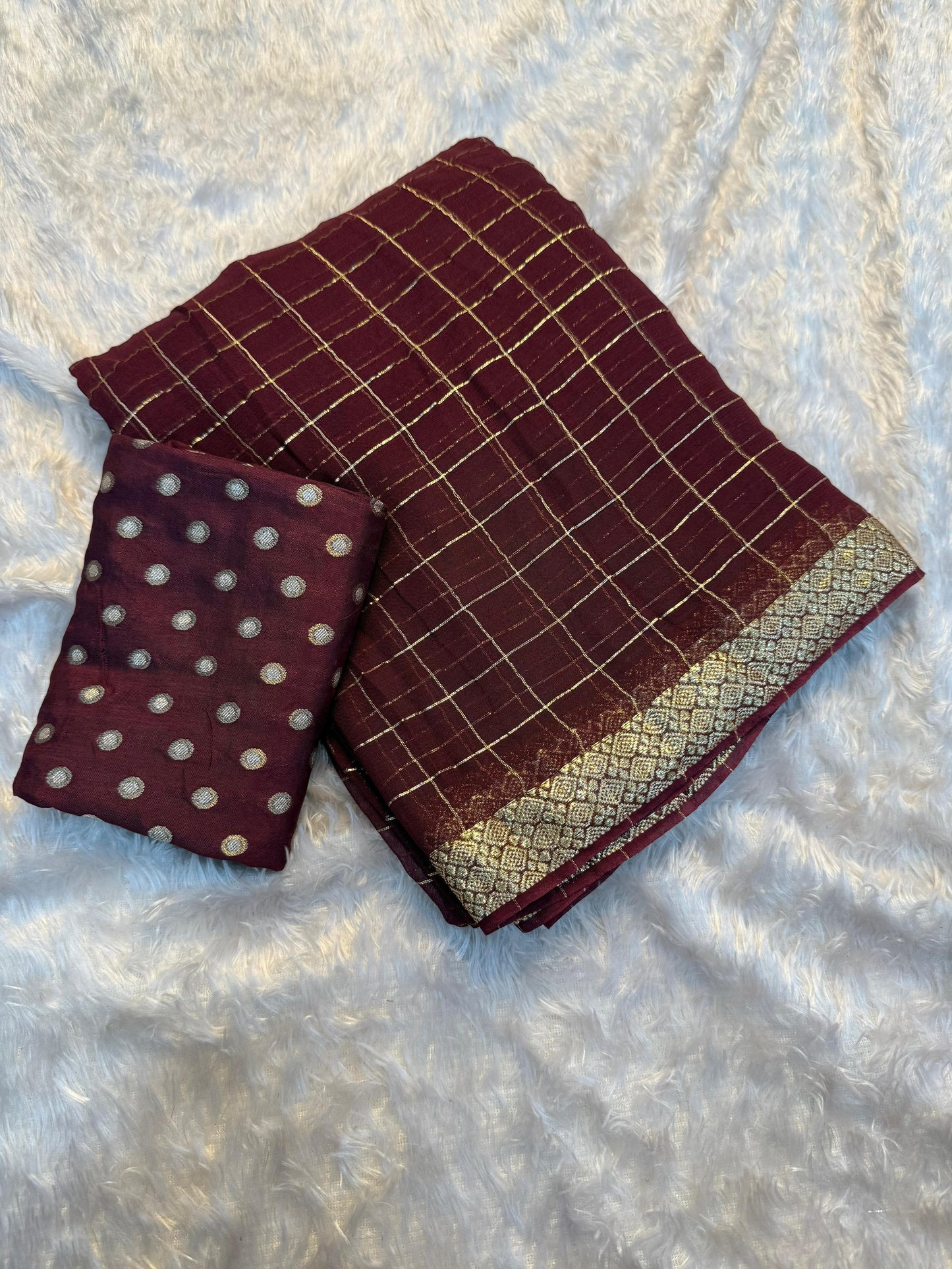 Trendy pure soft checks Chinon saree
