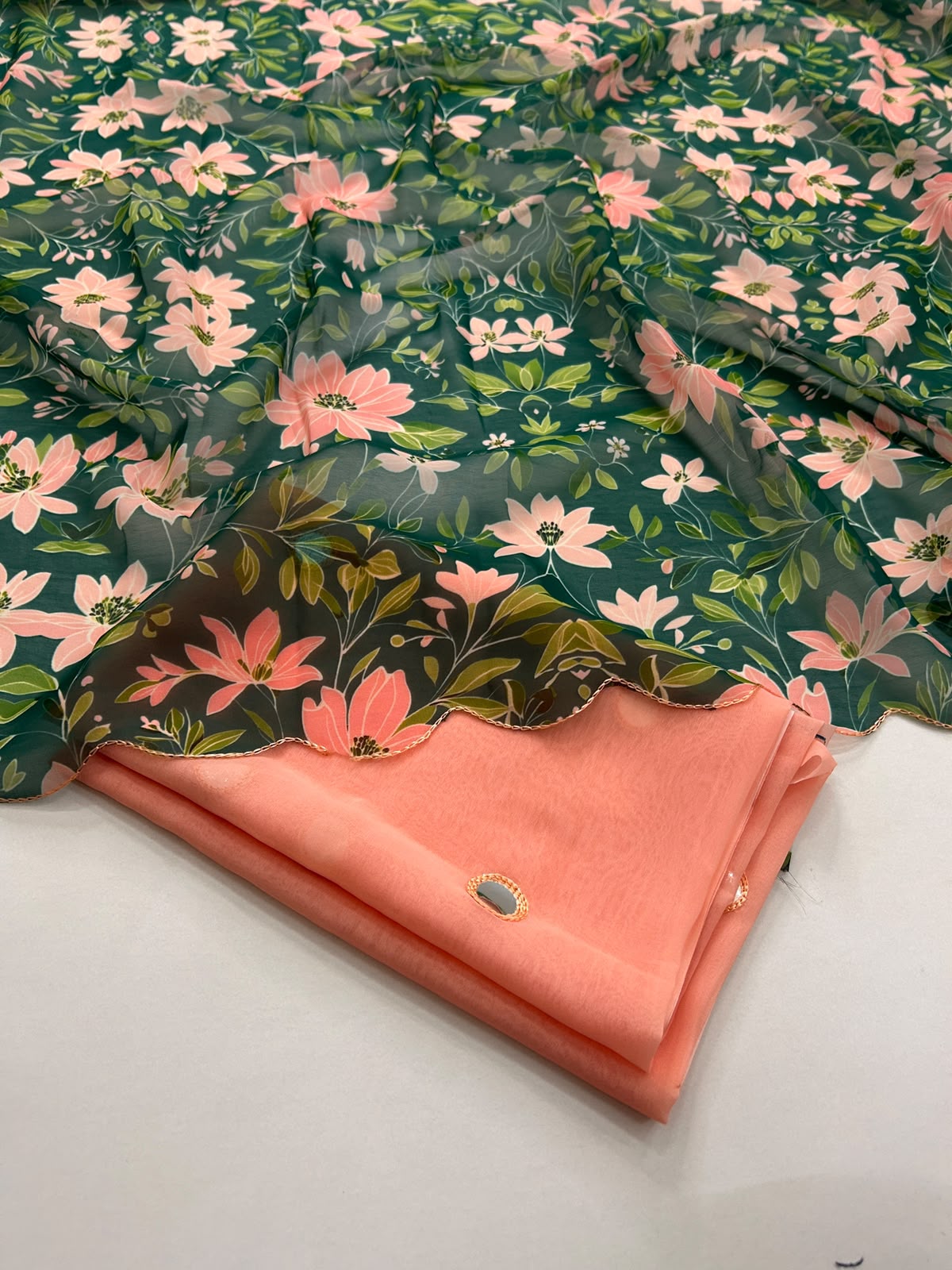Budget Georgette scallop border saree with mirror saree