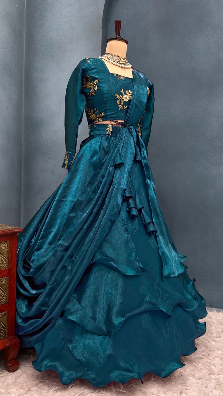 4 in one Burberry satin Peplum Desginer lehenga