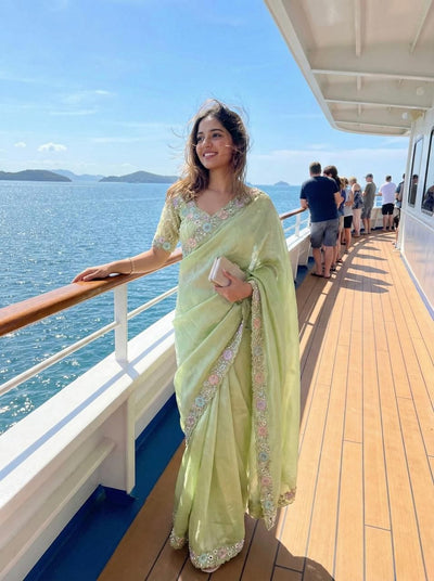 Luxe pista green 1 min saree with stitched blouse