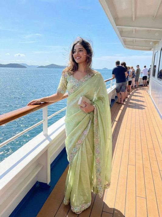Luxe pista green 1 min saree with stitched blouse