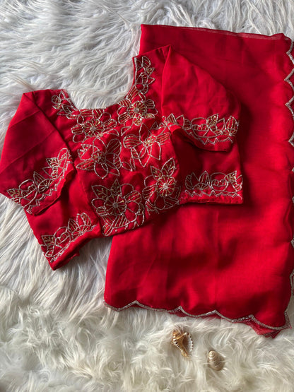 Soft Teby handowrk Saree with stitched blouse