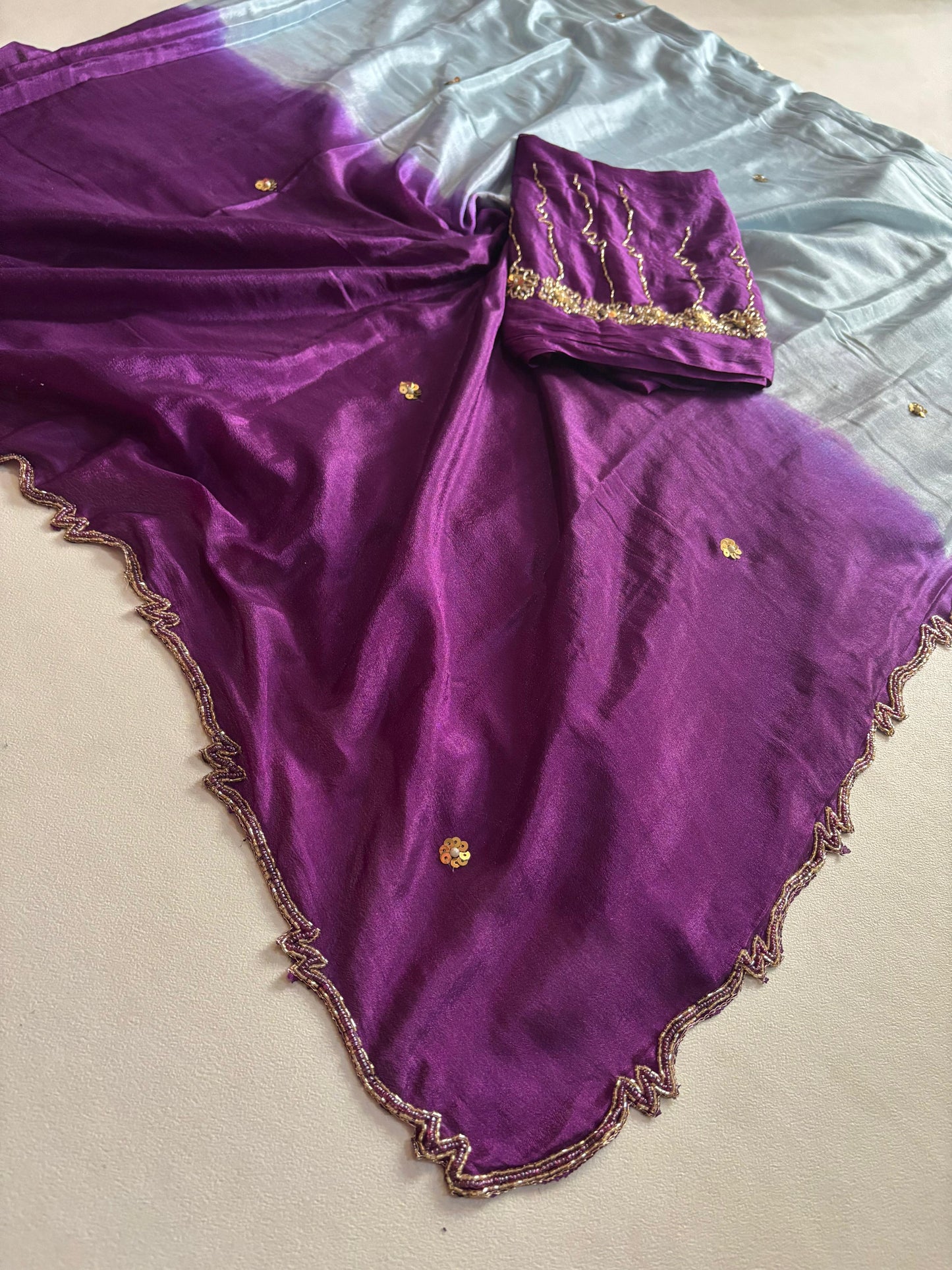 Trendy dyeing Chinon two shades with 3 layers curdana sarees