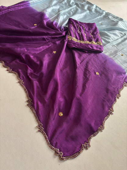 Trendy dyeing Chinon two shades with 3 layers curdana sarees