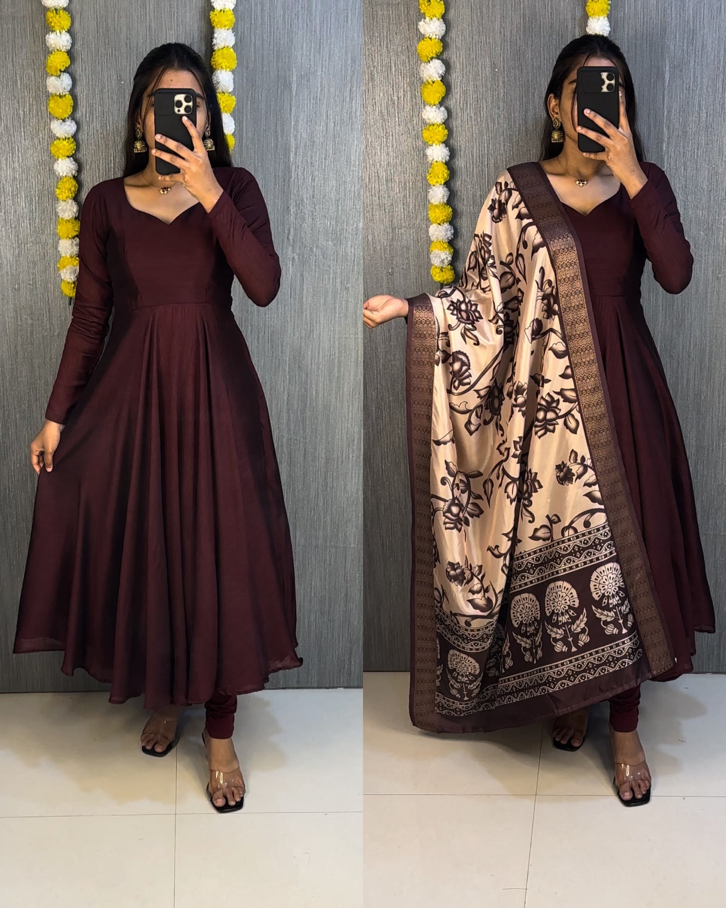 Collage style Anarkali sets with  Kalamkari dupatta