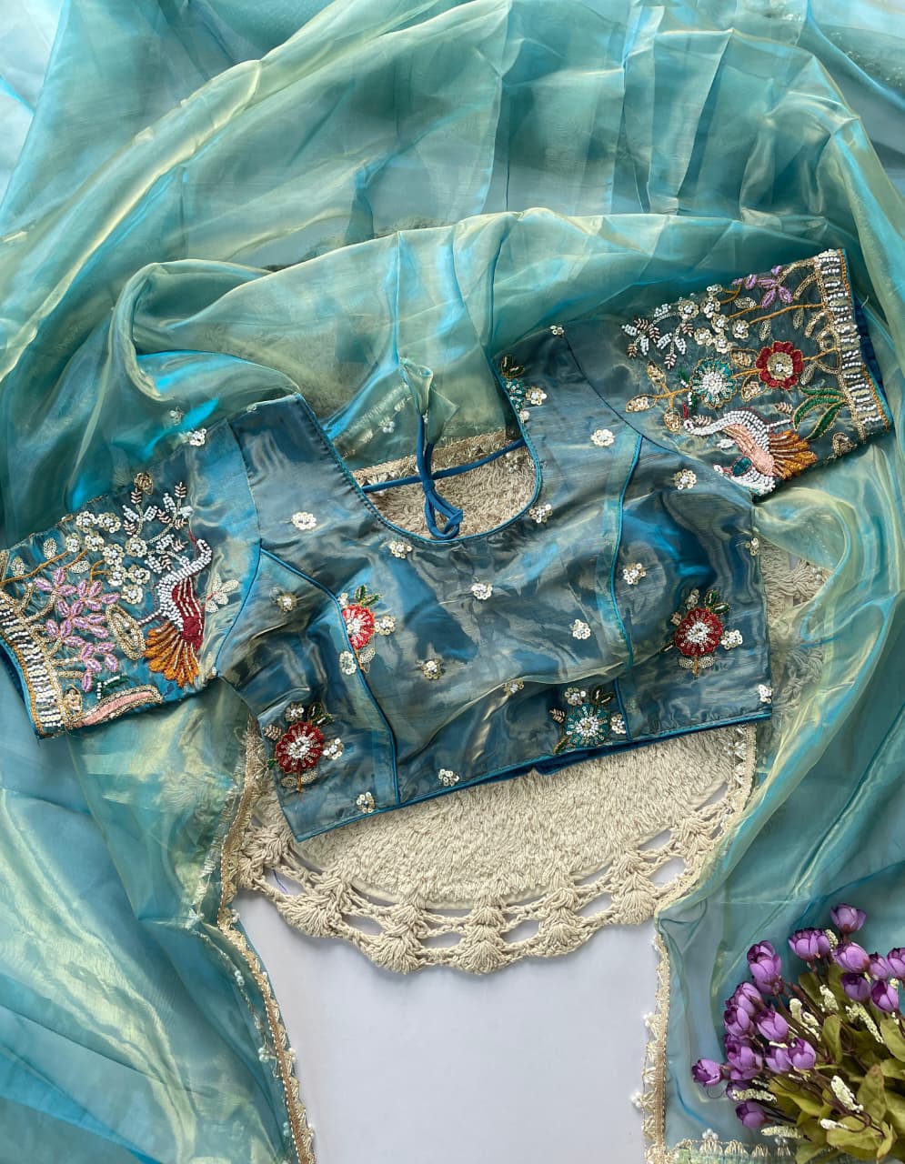 Liquid organza hand work  saree with stitched blouse