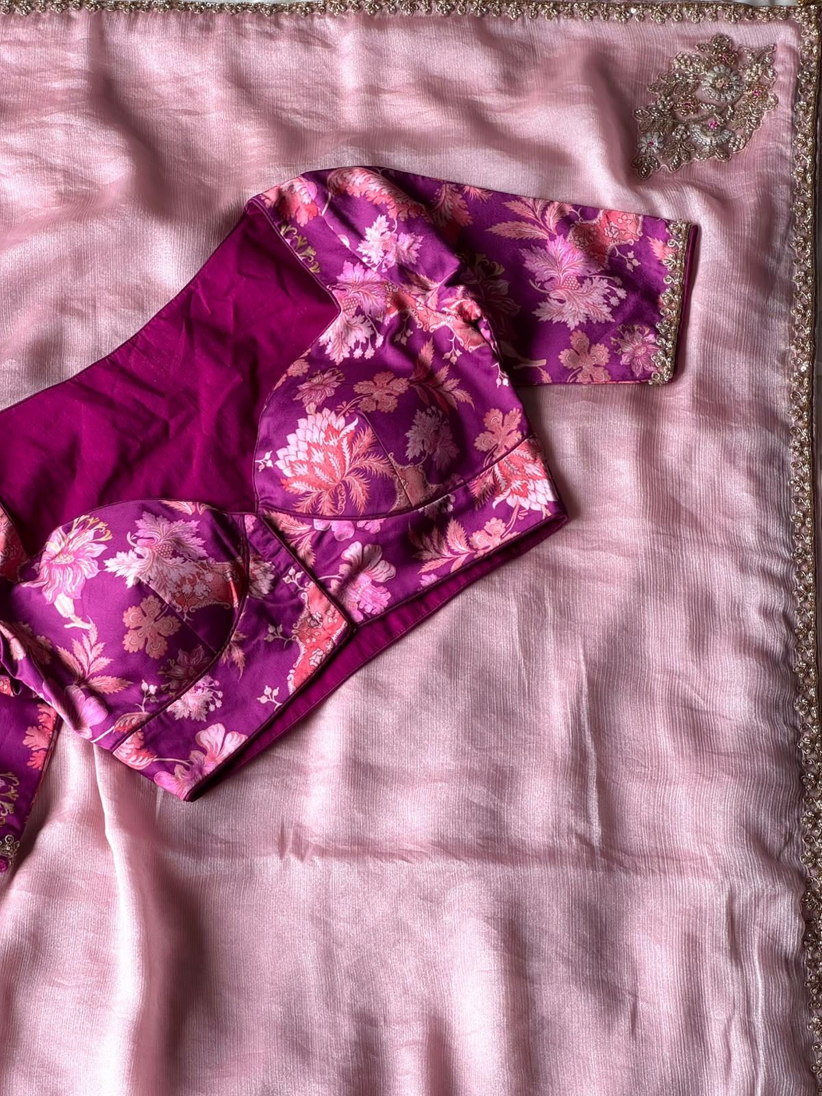 Chiffon silk saree with coding work stitched blouse