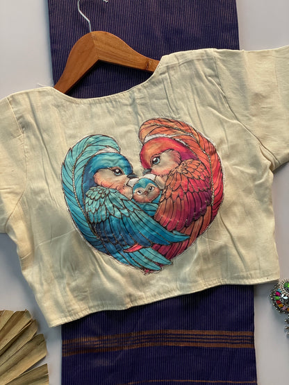 Khadi cotton saree with applic  work  stitches blouse