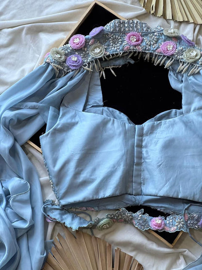 1 min ready to wear Ocean Blue luxe saree with stitched blouse