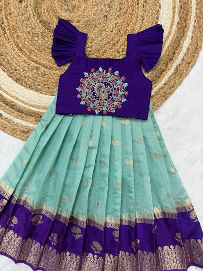 Brother & Sister Maggam Cute Traditional Combo – Banaras Silk Crop Top & Boy Kurta Dhoti Set