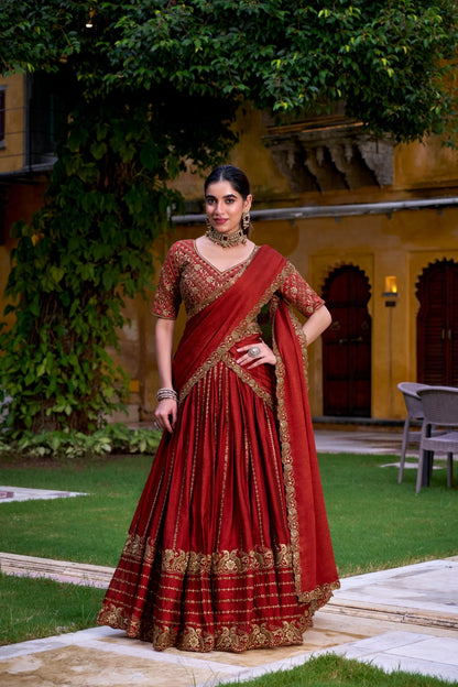 Rust Orange Lehenga Chili Embroidery Lehenga Luxe