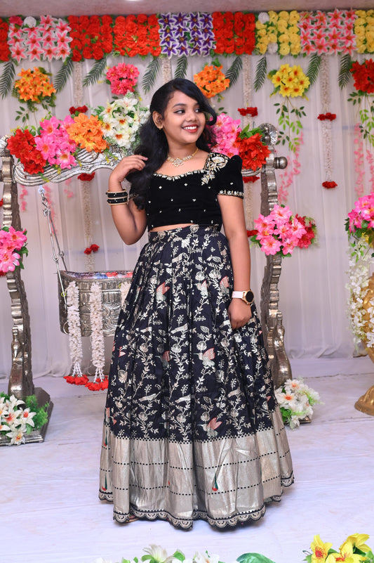 Black Maggam Zardosi lehenga with Georgette dupatta