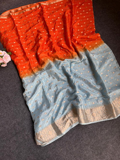 2d shade vintage Chinnon saree with Bandhani  style