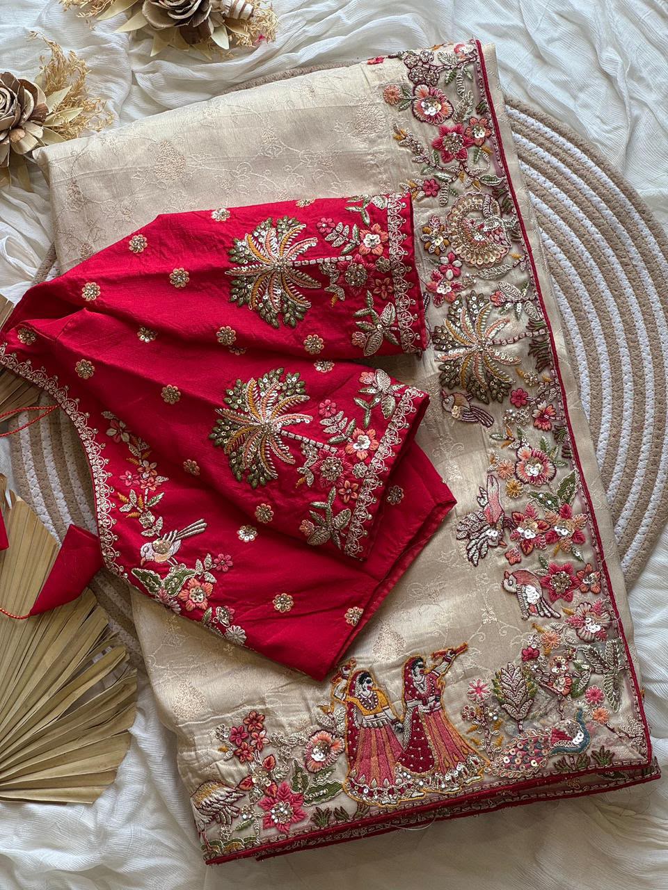 Luxe Dola Silk coding  work Multi
Saree with stitched blouse