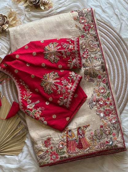 Luxe Dola Silk coding  work Multi
Saree with stitched blouse
