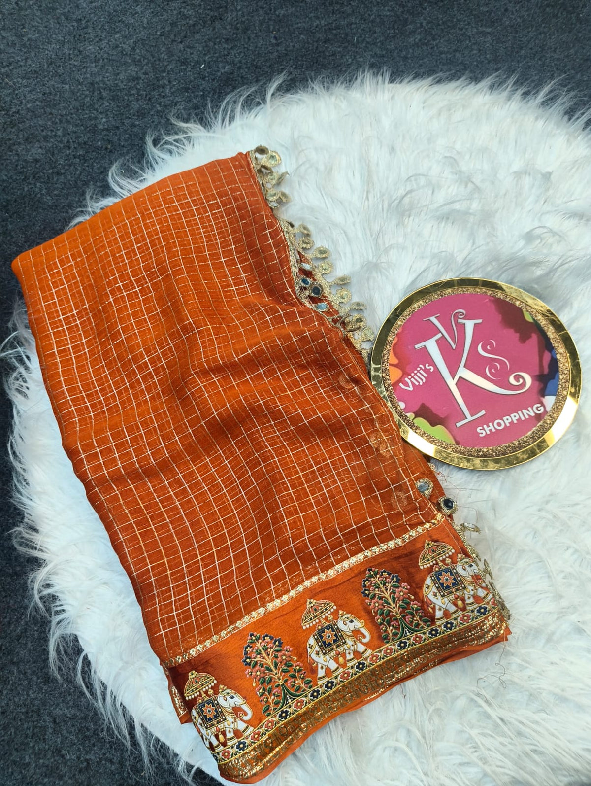 Budget viscose check with satin border golden zari white elephant saree