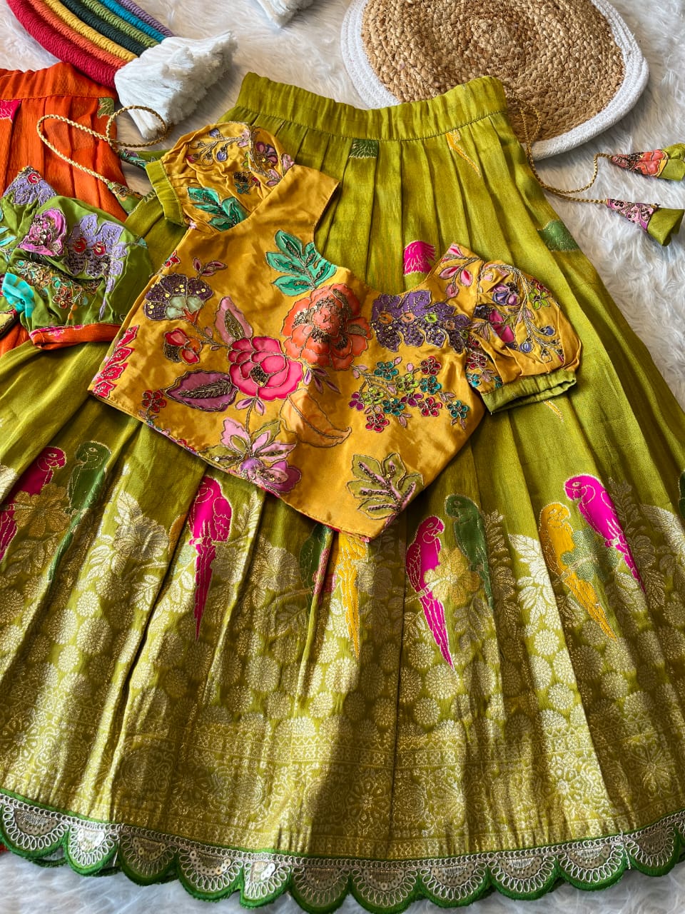 Kids lehenga made from viscose tissue silk is