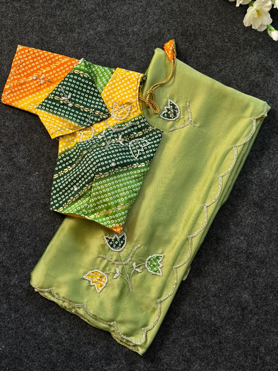 Handwork budget saree with stitched blouse