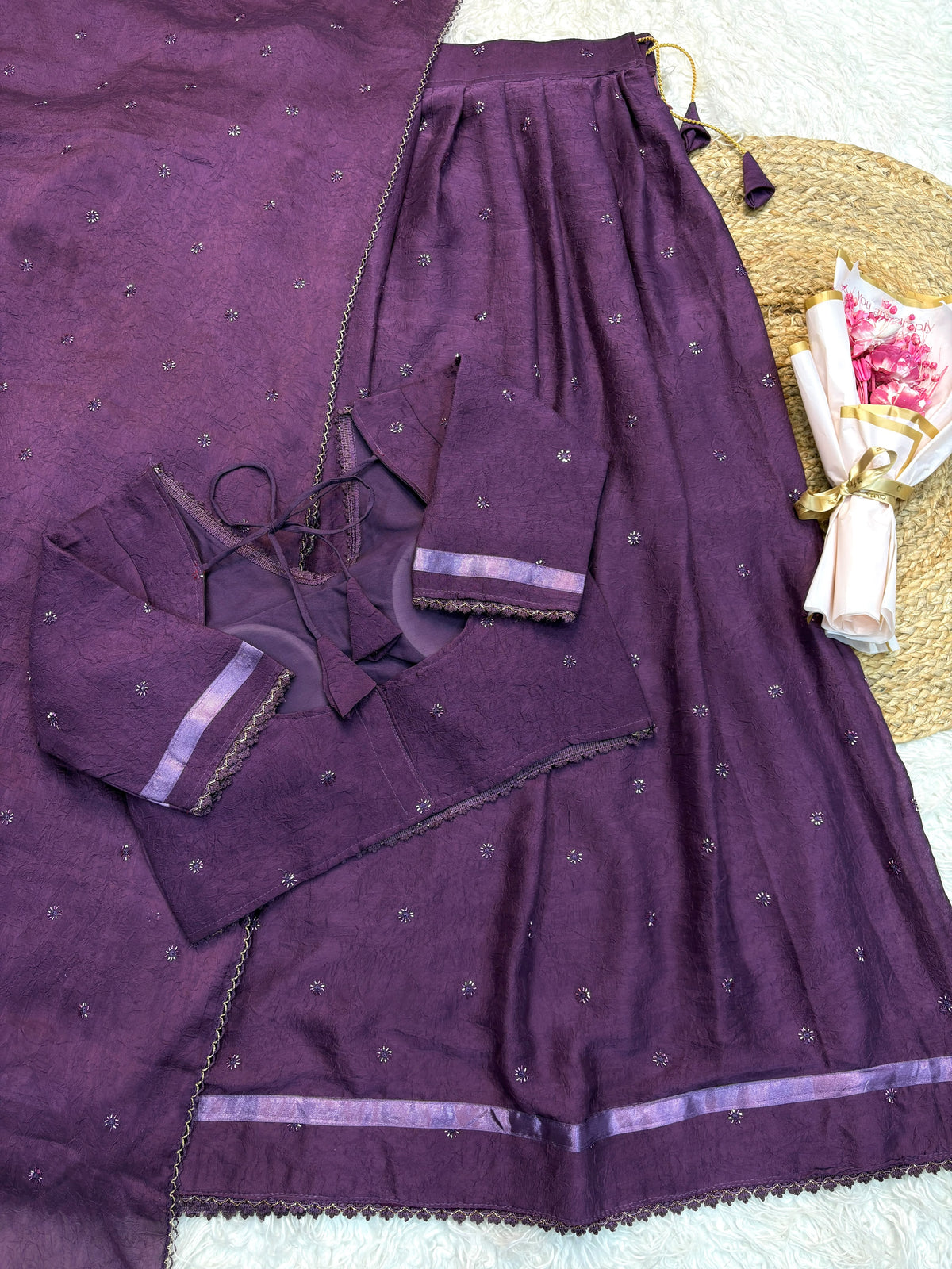Trending Designer rangoli crush fabric with beads worked ready to wear lehenga