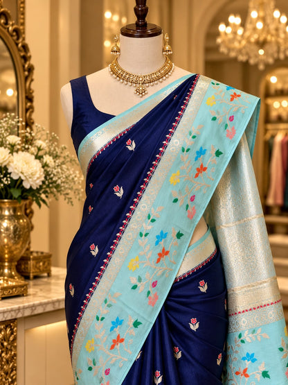 Budget Banarasi Katan Silk Saree with Contrast Alfi Border
