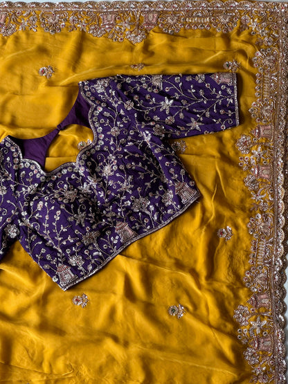 Cocktail handwork luxe gold finish sarees with Cutdana sequence work