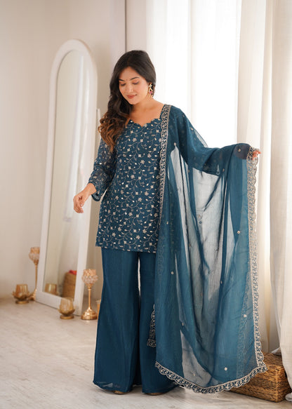 Crunchy Silk Fabric With Embroidery Sequence kurti sets model