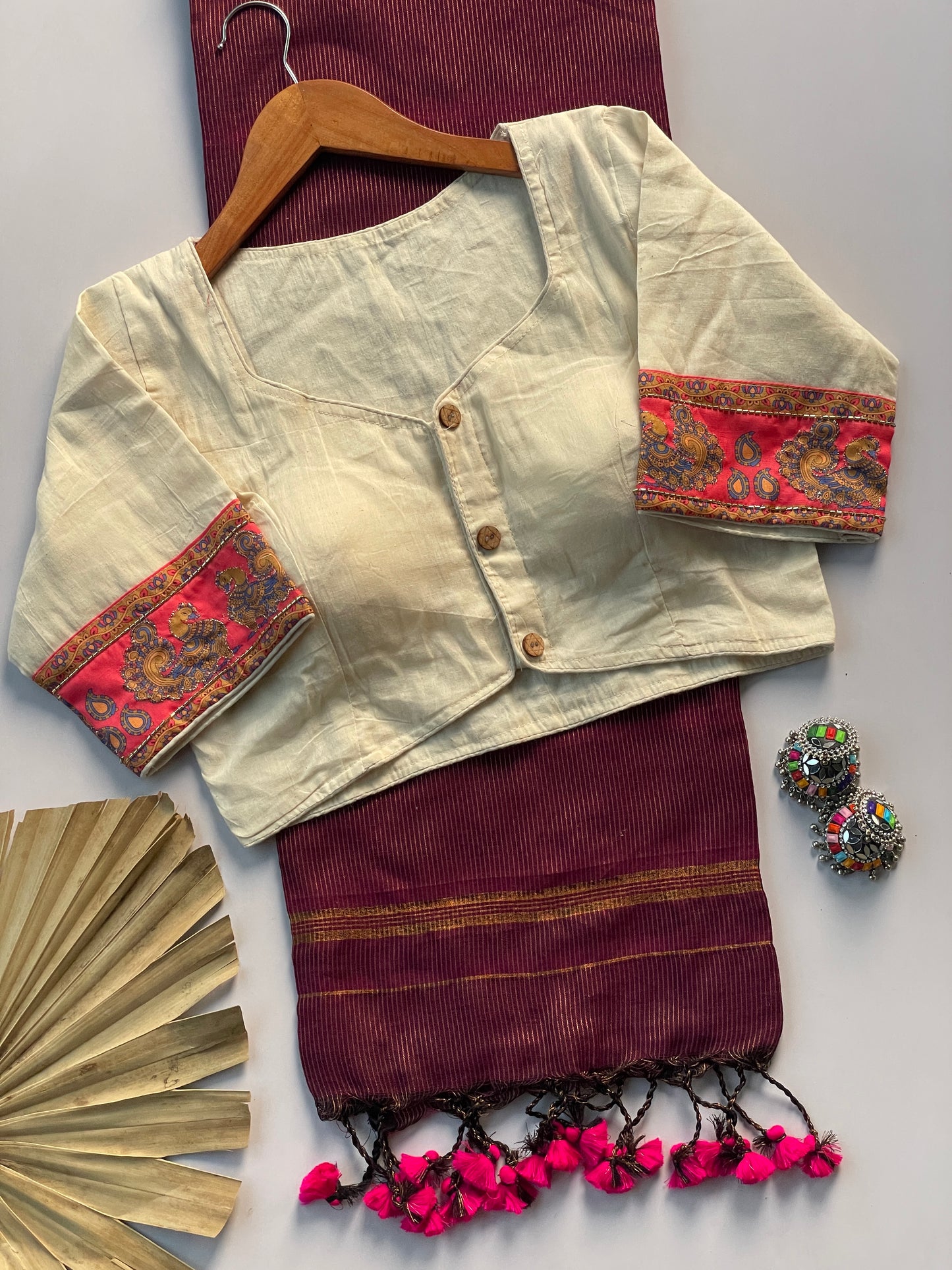 Khadi cotton saree with applic  work  stitches blouse