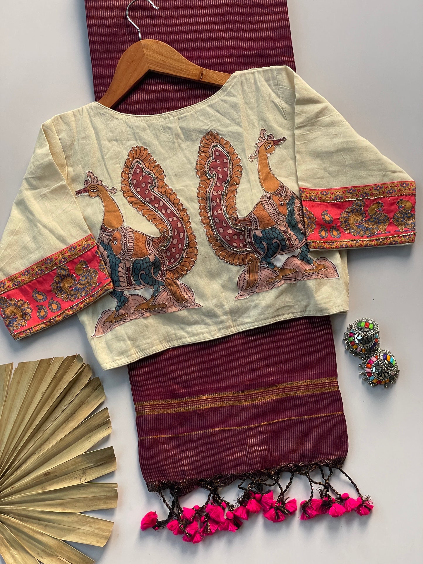 Khadi cotton saree with applic  work  stitches blouse