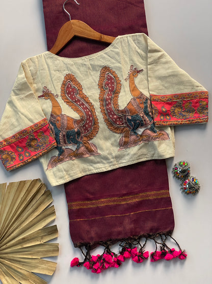 Khadi cotton saree with applic  work  stitches blouse