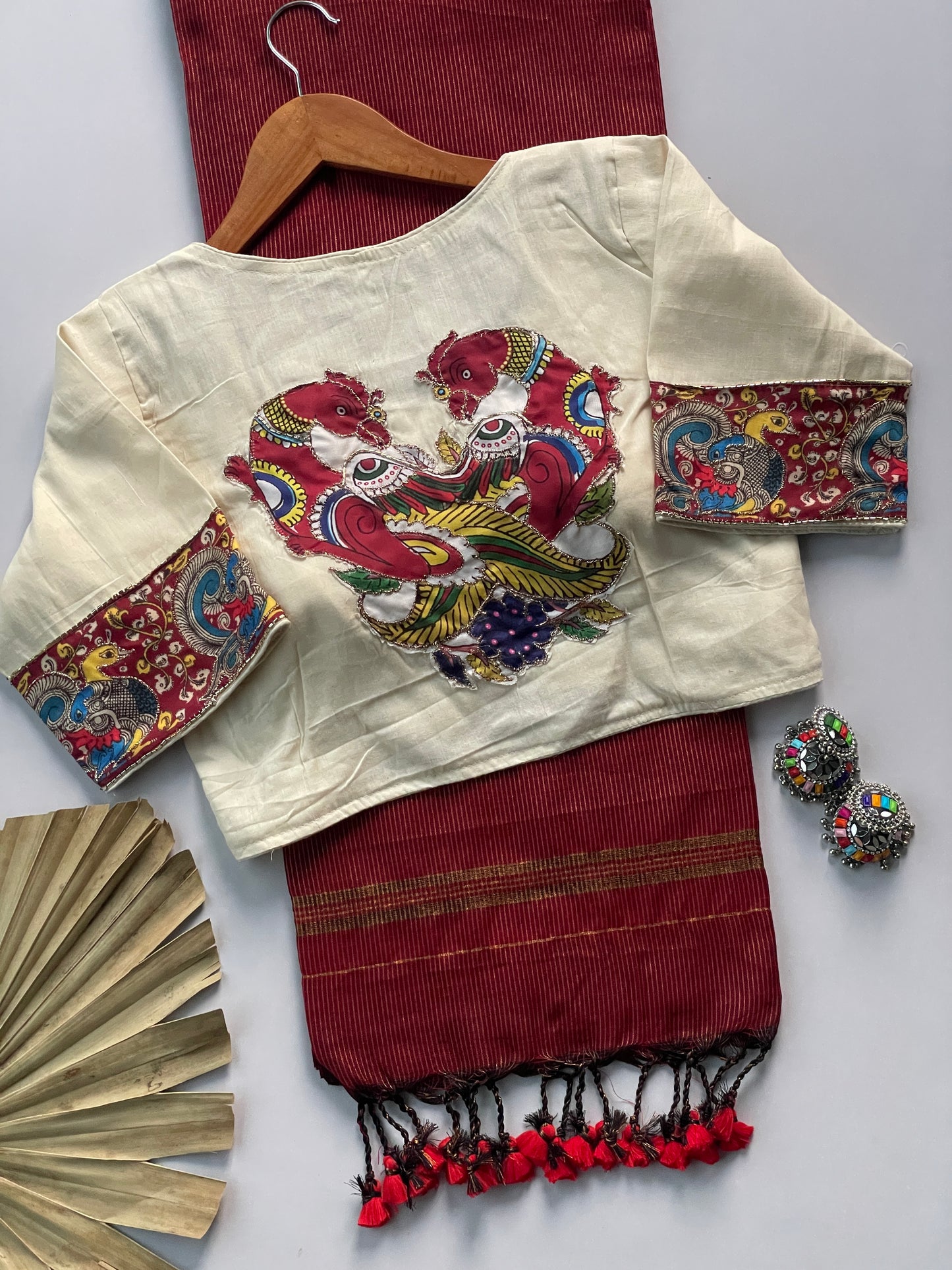 Khadi cotton saree with applic  work  stitches blouse