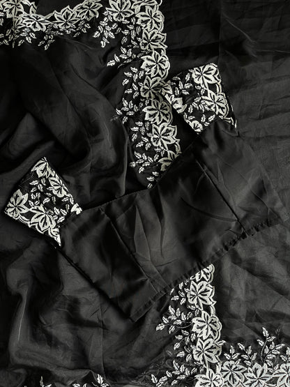 Tabi silk saree with white thread work on saree with stiched blouse