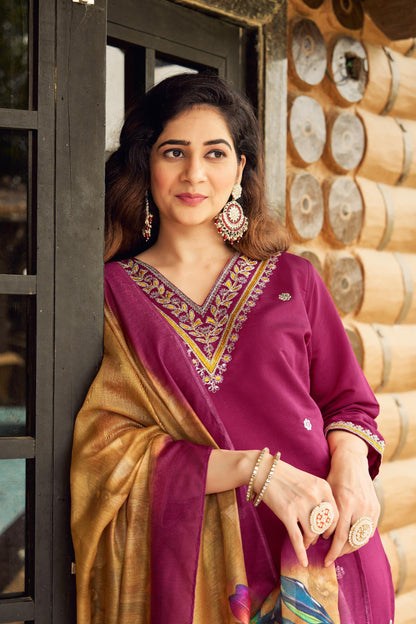 Roman silk party wear Embroidery Maroon kurti set