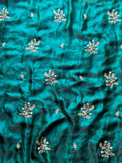 Soft silk with beads flower work saree with stitched blouse