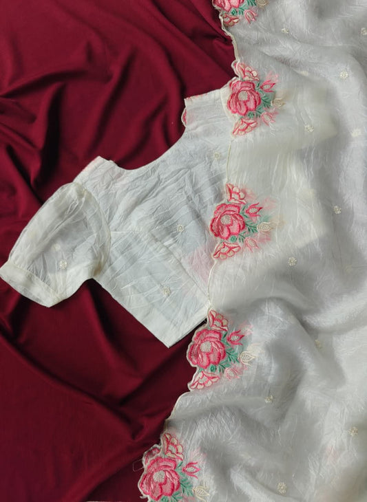 Crush Silk Embroidery Cutwork saree with stitched blouse