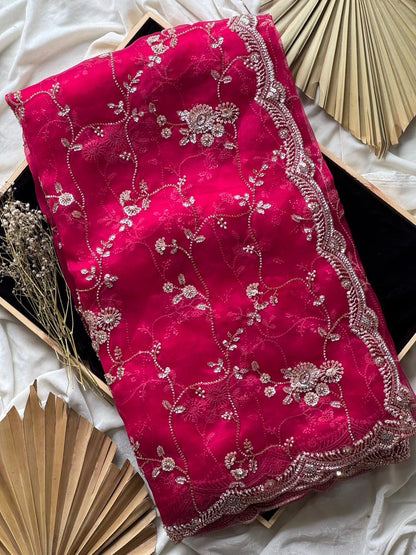 Raspberry Luxe Coctail Handwork saree with stitched blouse