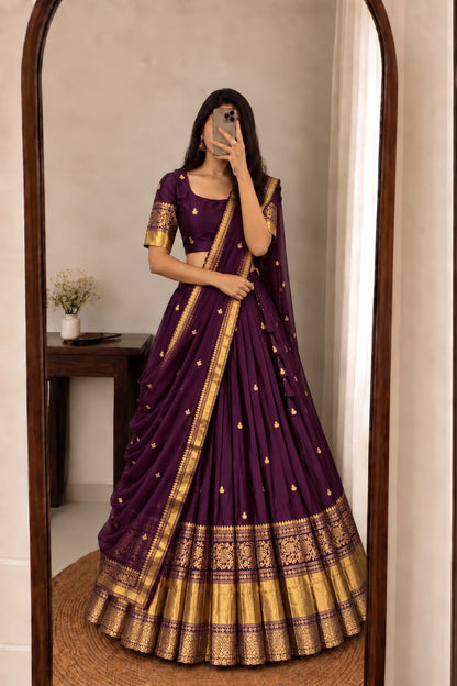 Kanchipattu  silk full stitched Lehenga blooming rangoli designer lehenga