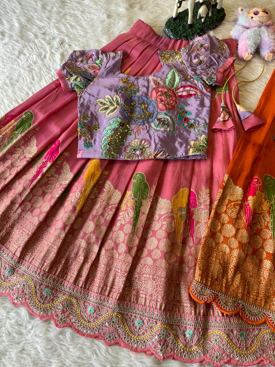 Kids lehenga made from viscose tissue silk is