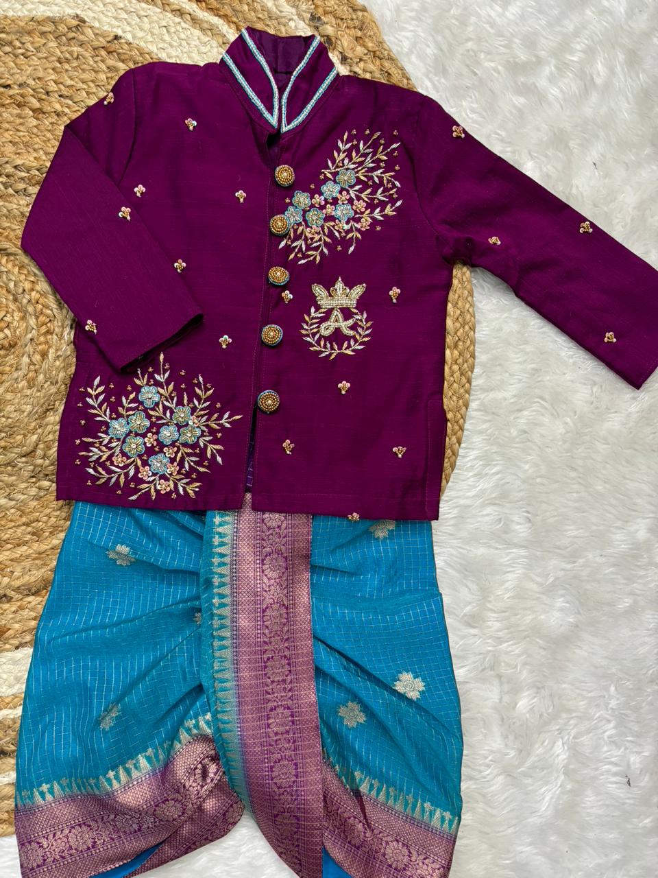 Banaras Silk Kids Wear with Maggam Handwork with boys dhoti with kurta sets