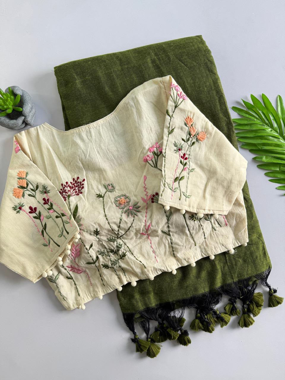 Cotton saree with stitched blouse