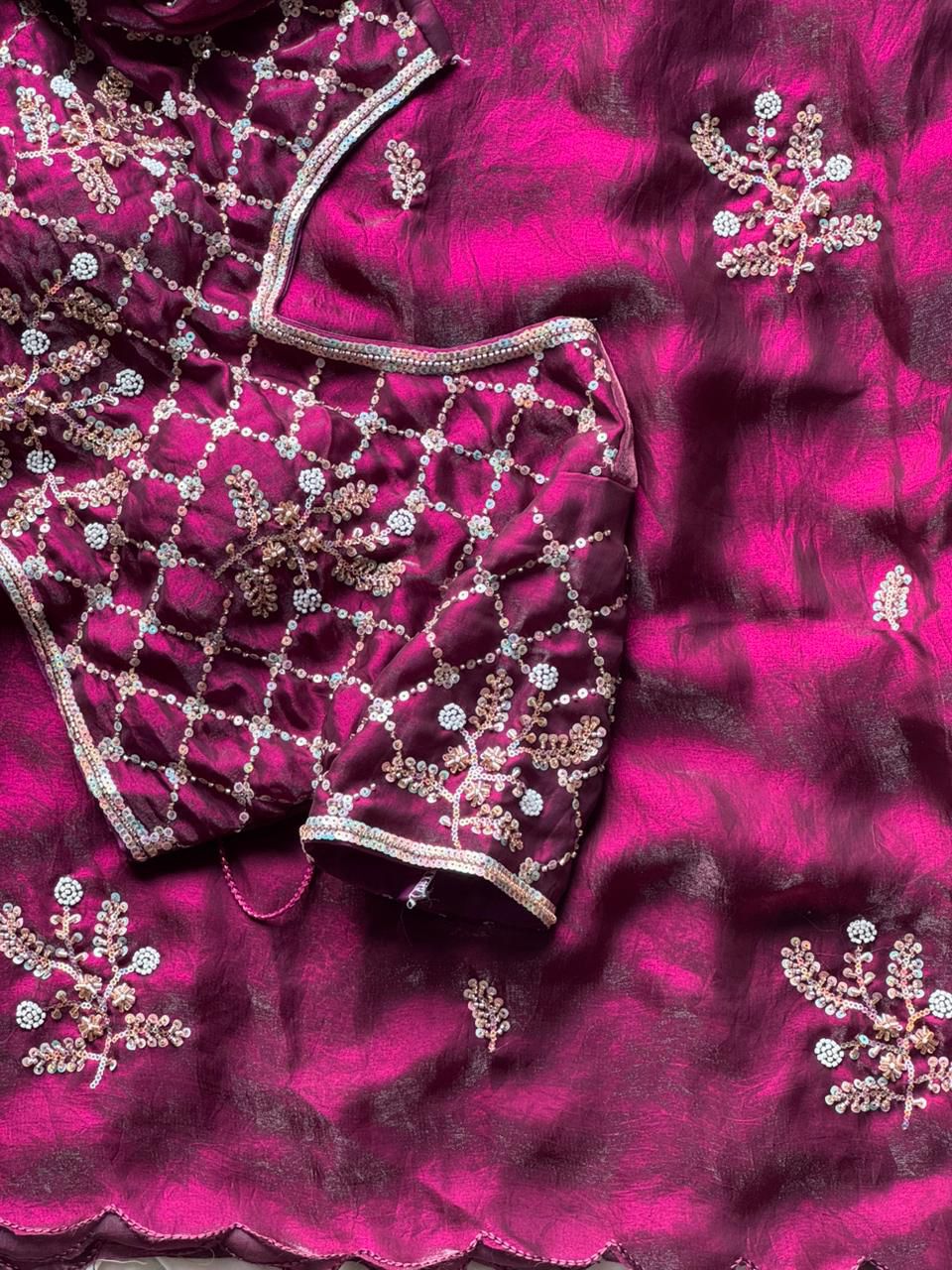 Soft silk with beads flower work saree with stitched blouse