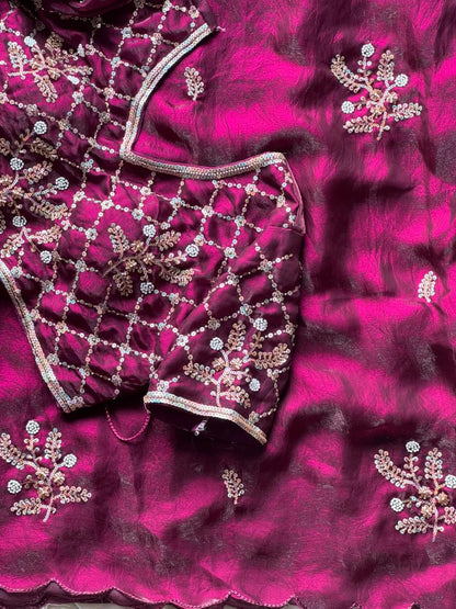 Soft silk with beads flower work saree with stitched blouse