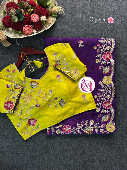 Organza blooming sari with designer stitched blouse
