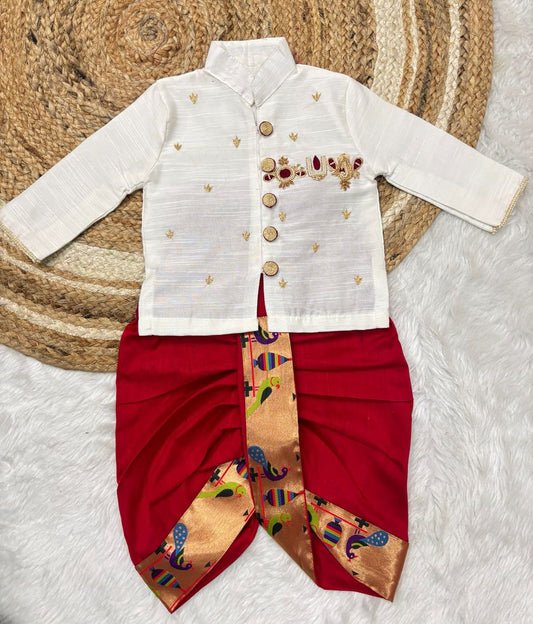 Boys Ethnic Raw Silk Dhoti Set with Paithani Border