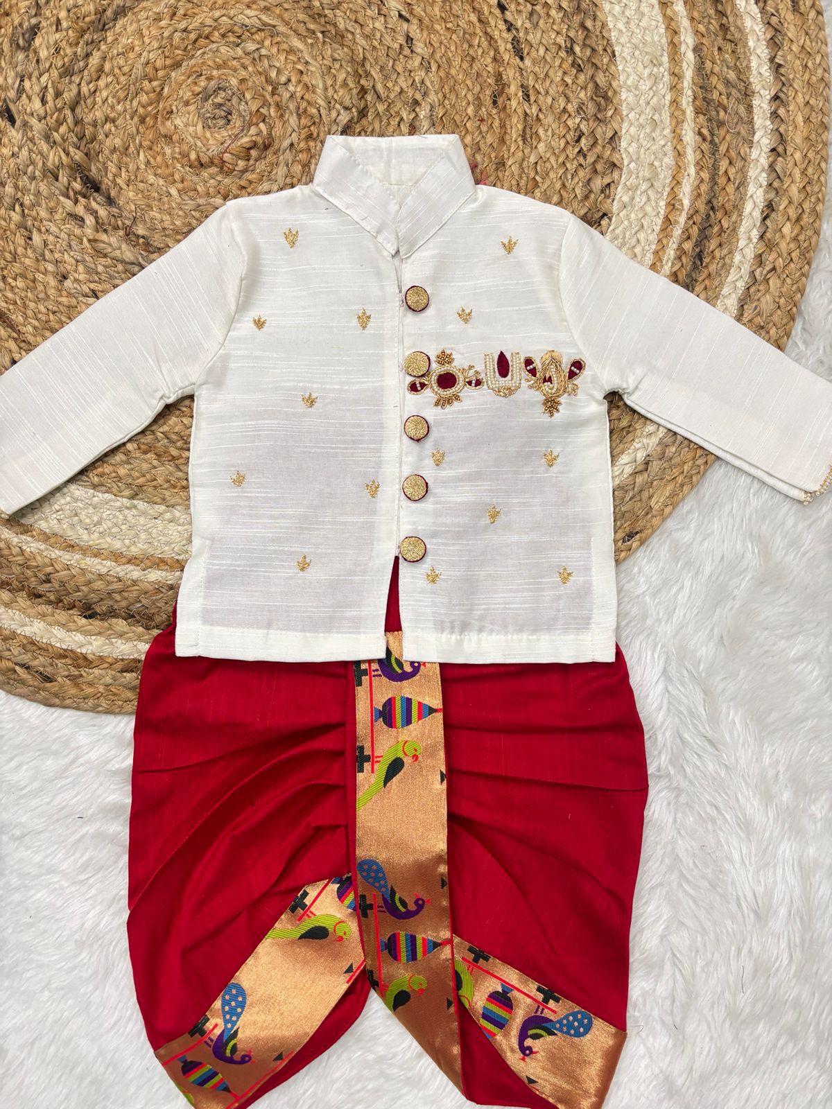 Boys Ethnic Raw Silk Dhoti Set with Paithani Border