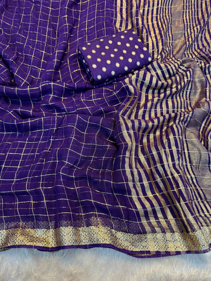 Trendy pure soft checks Chinon saree