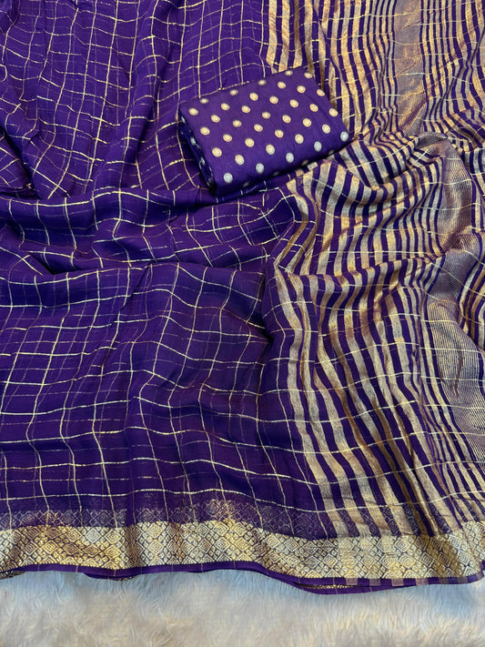 Trendy pure soft checks Chinon saree