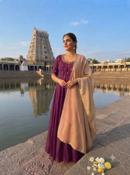 Vichitra silk maggam hand work gowns for cafe