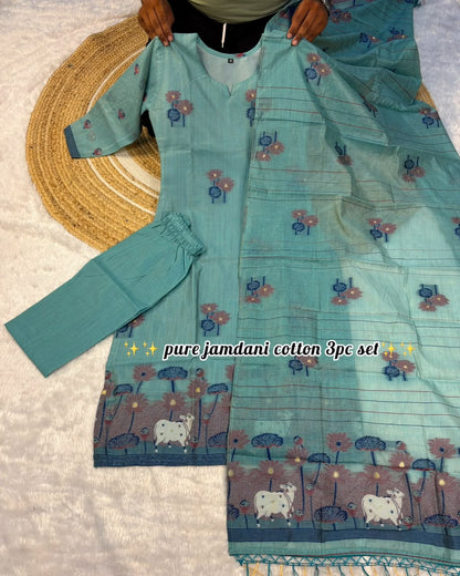 3 pieces ethinic wear Jamdani cotton kurti