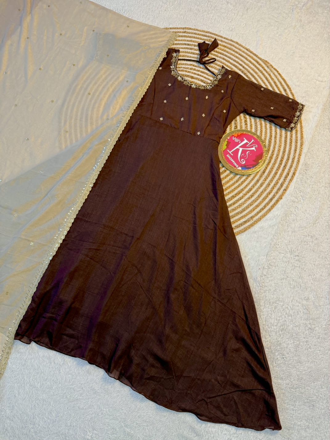 Vichitra silk maggam hand work gowns for cafe