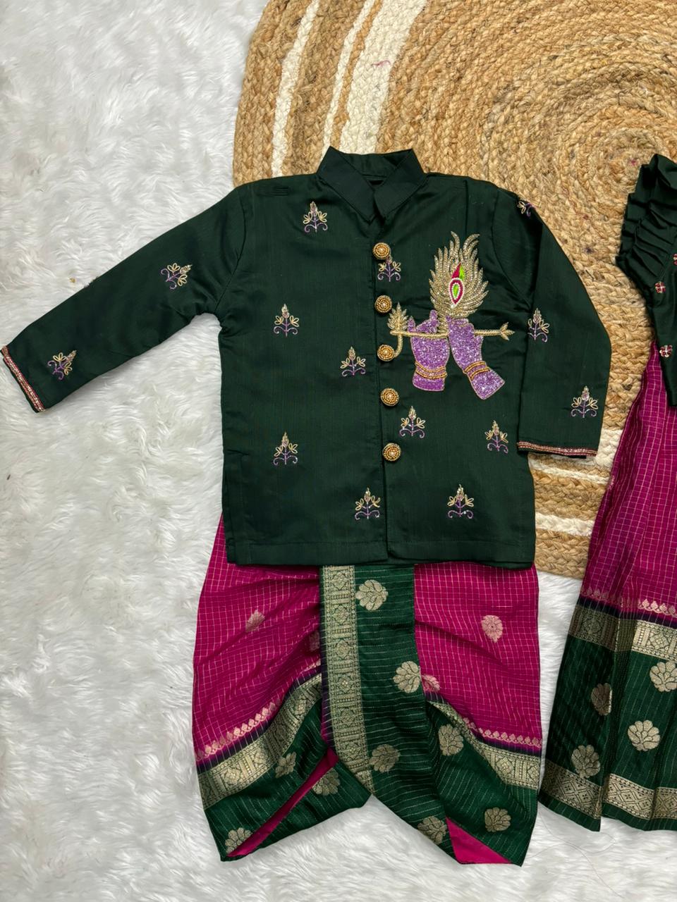 Kids Maggam Banarasi Pure Maggam work Bother kurta with dhoti  and sister combo